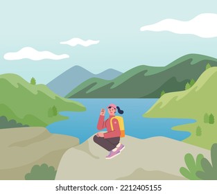 A hiker is sitting on a rock and posing for a photo. There is a lake in the background. flat vector illustration.