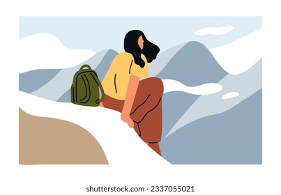 Hiker sitting on rock top, cliff. Woman climber with backpack on high mountain peak. Tourist in adventure, hiking. Explorer enjoying nature view, landscape, freedom. Flat vector illustration