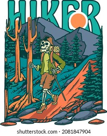 hiker skull vector print illustration