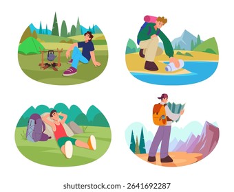 Hiker. Solo male travellers outdoor backpacker wild lifestyle tourist exact vector camping illustrations in cartoon style