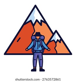 Hiker standing in front of large mountain range landscape illustration icon