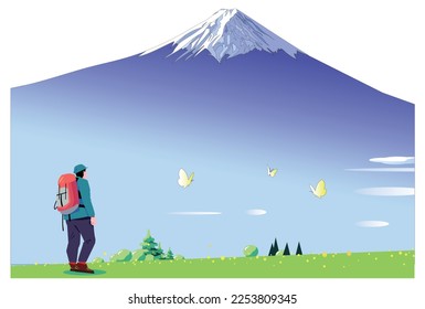 Senderismo en el paisaje con el Monte Fuji y mariposas revoloteando en el campo de primavera