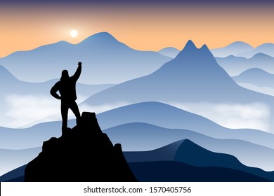 Hiker standing on a cliffs edge with raised hand and rejoices sunrise in a foggy mountain valley. Vector illustration.