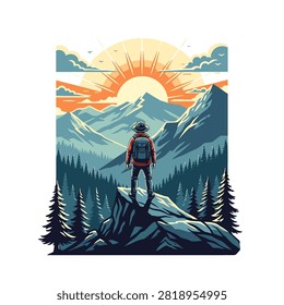 Hiker Standing on Mountain Cliff at Sunrise Retro Vector Illustration