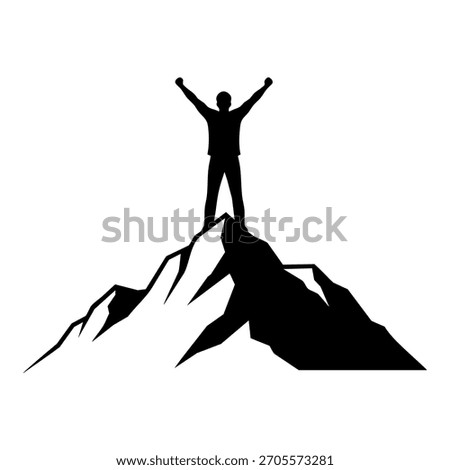 Hiker standing on mountain peak with raised arms celebrating victory