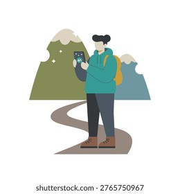 Hiker standing on mountain trail with backpack