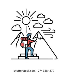 A hiker standing on stairs in front of mountains