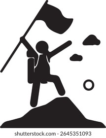 Um caminhante fica no topo de um pico de montanha, segurando triunfalmente uma bandeira.