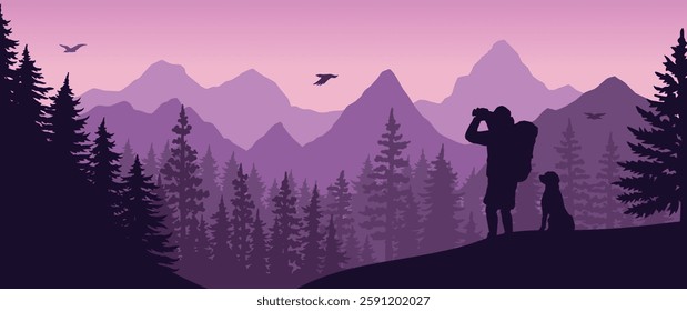 A hiker stands with a backpack taking photos of the stunning mountains at sunset. A dog sits nearby both surrounded by tall trees in a serene outdoor setting.