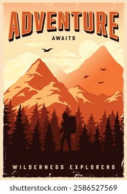 A hiker stands on a mountain trail surrounded by towering trees and distant peaks. The warm sunset casts an orange glow hinting at new adventures in nature.