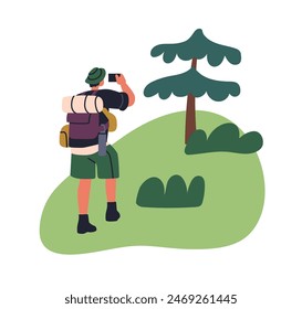 Caminante tomando foto. Caminata turística fotografiando la naturaleza con smartphone. Mochilero trekking con mochila y teléfono móvil. Viaje, aventura. Ilustración vectorial plana aislada sobre fondo blanco