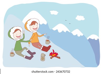 hiker at the top of mountain enjoy sunny day and drink hot coffee.