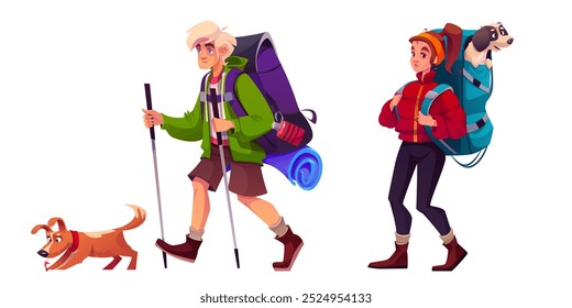 Hiker tourist with backpack and dog. Trekking adventure illustration for woman and man with pet and mat for camping. Active outdoor explorer walk isolated graphic set. Recreation holiday team