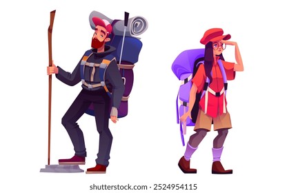 Hiker tourist with backpack in mountain adventure. Man and woman in camping journey. People pack for holiday trip in vacation graphic set. Active alpinist and explorer design. Summer walking group