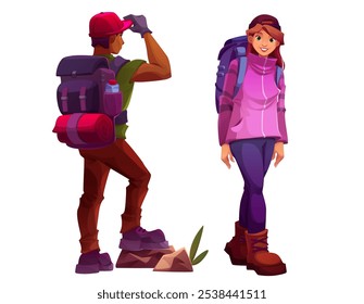 Hiker tourist with backpack. People travel in mountain adventure. Couple of character hike in outdoor summer journey for camping. Female and male happy trekking friends in tracking boots collection