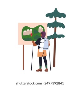 Hiker tourist looking for route at trail map during trekking, hiking adventure outdoors. Backpacker, climber orienteering in nature, travel. Flat vector illustration isolated on white background