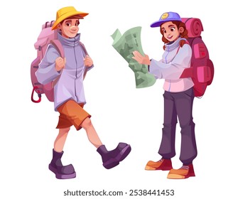 Viagem turística de caminhante para a montanha com mochila. Mulher personagem hike un viagem de verão com mapa. Pessoa da atividade de turismo de rastreamento ao ar livre. Happy guy walk para camping coleção de ilustração isolada