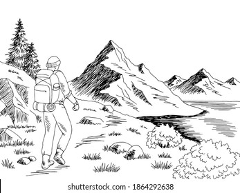 Hiker Tourist Walking At The Mountains Graphic Black White Landscape Sketch Illustration Vector