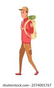 Hiker travel in summer clothing with big backpack. Young man walking. Happy male character, traveller or tourist going to vacation. Vector cartoon illustration