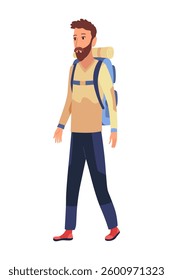Hiker travel in summer clothing with big backpack. Man walking. Happy male character, traveller or tourist going to vacation. Vector cartoon illustration