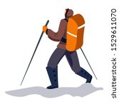 Hiker trek walking in snow boots with trekking poles, hiking sticks, carrying camping gear and backpack. Mountaineering, outdoor recreation, winter sport. Flat vector illustration on white background.