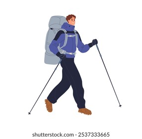 Hiker trekking with backpack. Happy male tourist with rucksack and equipment, walking outdoors. Backpacker hiking with travel bag and poles. Flat vector illustration isolated on white background