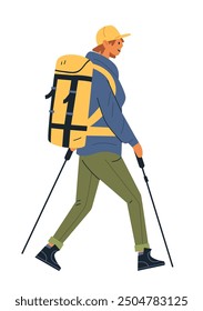 Wandern Trekking mit Rucksack und Stöcke in der Natur im Freien bunte Illustration. Person mit Wanderausrüstung und Mütze, die einzeln auf weißem Hintergrund läuft