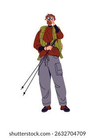Hiker with trekking poles looks through binoculars, observes nature. Tourist with backpack is watching mountains, discovers, explores outdoors. Flat isolated vector illustration on white background.