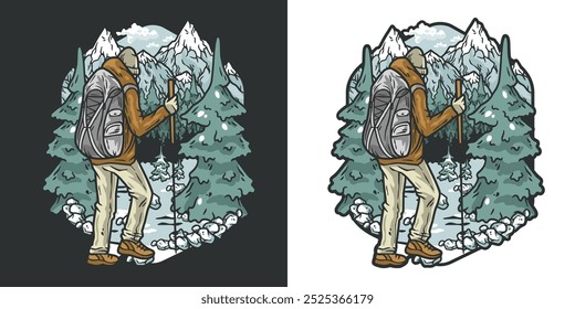 El excursionista está caminando a través de un bosque nevado con montañas en el fondo, su mochila llena de equipo para una aventura de invierno