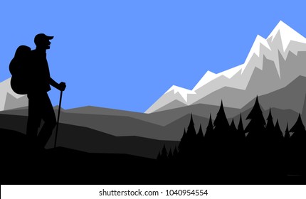 Hiker vector silhouette looking at mountain range