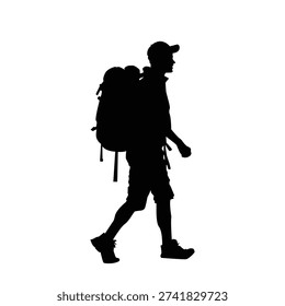 Hiker walking alone in profile with large backpack, walking stick, outdoors