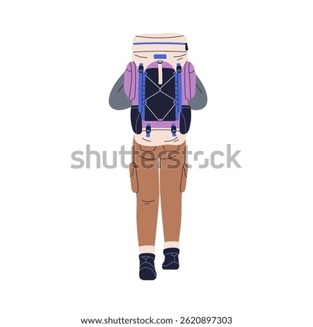 Hiker walking away with backpack on back, rear view. Tourist carrying large rucksack in adventure. Backpacker with knapsack from behind. Flat vector illustration isolated on white background