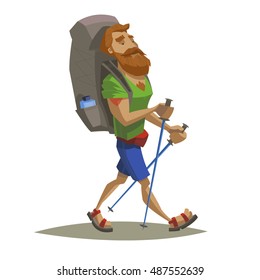 Hiker walking with backpack. Backpacker with read beard and tattoo holding sticks. Outdoor adventure, nature traveling. Vector illustration, modern flat style. For banner, postcard, web.