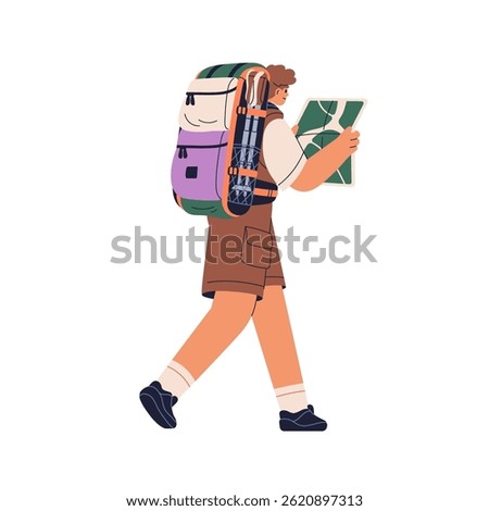 Hiker walking with backpack and map. Tourist hiking, adventure travel. Backpacker exploring route with knapsack, bag on holiday journey. Flat vector illustration isolated on white background