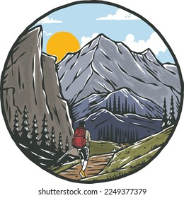 ein Wanderer zum Berg und Wald