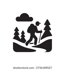 Hiker walking on mountain trail with trees and cloudy sky