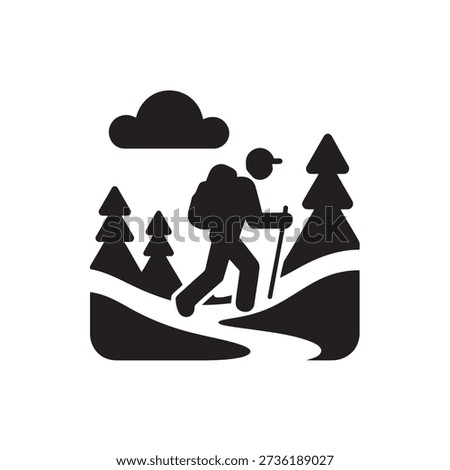 Hiker walking on mountain trail with trees and cloudy sky