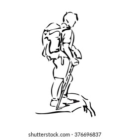 Hiker with a walking stick and backpack standing on a precipus line illustration