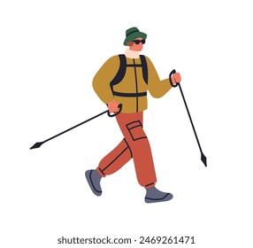 Wandern mit Trekkingstöcken, Stöcken und Rucksack. Rucksacktourist. Man Tourist auf Reisen Abenteuer. Männliche Figur mit Kletterausrüstung. Flache Vektorillustration isoliert auf weißem Hintergrund