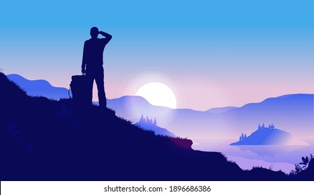 Hiker watching sunrise from hill - Male person looking at beautiful view, enjoying the start of a new day. Happiness, positive and contentment concept. Vector illustration.