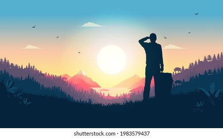 Hiker watching sunrise from hill - Man  looking at beautiful view over warm landscape, enjoying the start of a new day. Happiness, positive and contentment concept. Vector illustration.