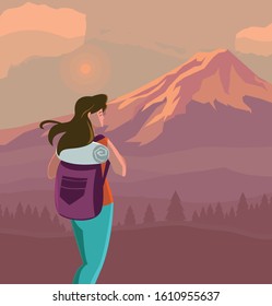 Hiker woman with bag and landscape design, Walker excursionist rambler tripper tourist travel trip tourism and journey theme Vector illustration