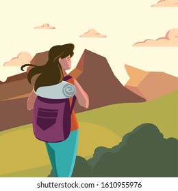 Hiker woman with bag and landscape design, Walker excursionist rambler tripper tourist travel trip tourism and journey theme Vector illustration