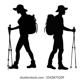 a hiker woman and a man with backpack vector object
