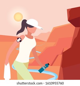 Hiker woman with smartphone and landscape design, Walker excursionist rambler tripper tourist travel trip tourism and journey theme Vector illustration