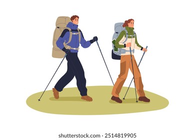 Caminhantes em aventura. Os turistas fazem caminhadas em casal com postes e mochilas. Mochileiro, homem e mulher andando, indo. Viagens ativas, viagens. Ilustração de vetor plano isolada no plano de fundo branco