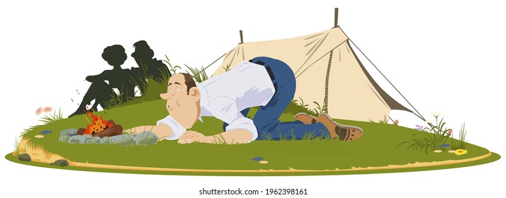 Hikers around campfire. Tourists on vacation. People in nature. Humans outdoor. Illustration concept for mobile website and internet development.