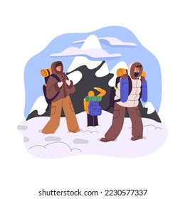 Hikers with backpacks during winter hiking, trekking to mountains. Climbers backpackers in snow. Tourists at adventure on wintertime holiday. Flat vector illustration isolated on white background