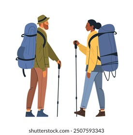 Senderistas con mochilas trekking aventura al aire libre dos personas con bastones de colores de la ropa de fondo blanco