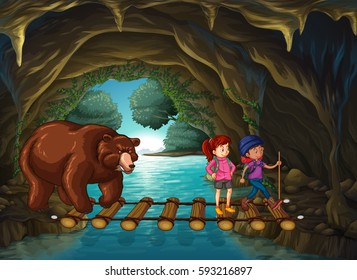 Caminantes y oso en la ilustración de la cueva
